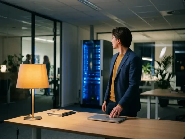 IT-professional in modern Nederlands kantoor naast serverrack, laptop gesloten, nadenkend, warm amberkleurig bureaulamp contrasteert met blauw serverlicht.