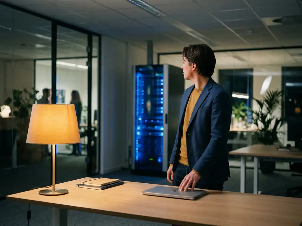 IT-professional in modern Nederlands kantoor naast serverrack, laptop gesloten, nadenkend, warm amberkleurig bureaulamp contrasteert met blauw serverlicht.