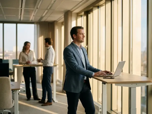 Professional pauzeert nadenkend aan een staand bureau in een modern Nederlands kantoor met natuurlijk licht en collega's op de achtergrond.