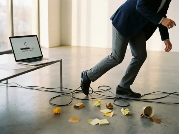 Professional struikelt over verwarde stroomkabels op kantoorvloer, bevroren laptopscherm en omgevallen koffiekop op de achtergrond.