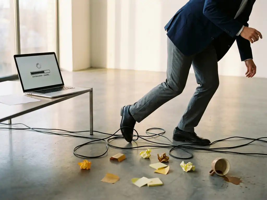 Professional struikelt over verwarde stroomkabels op kantoorvloer, bevroren laptopscherm en omgevallen koffiekop op de achtergrond.