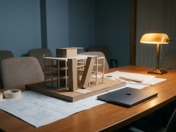 Halfafgebouwd maquette van modern kantoorgebouw op vergadertafel, met scheve kolom, technische documenten en laptop in amberkleurig lamplight.