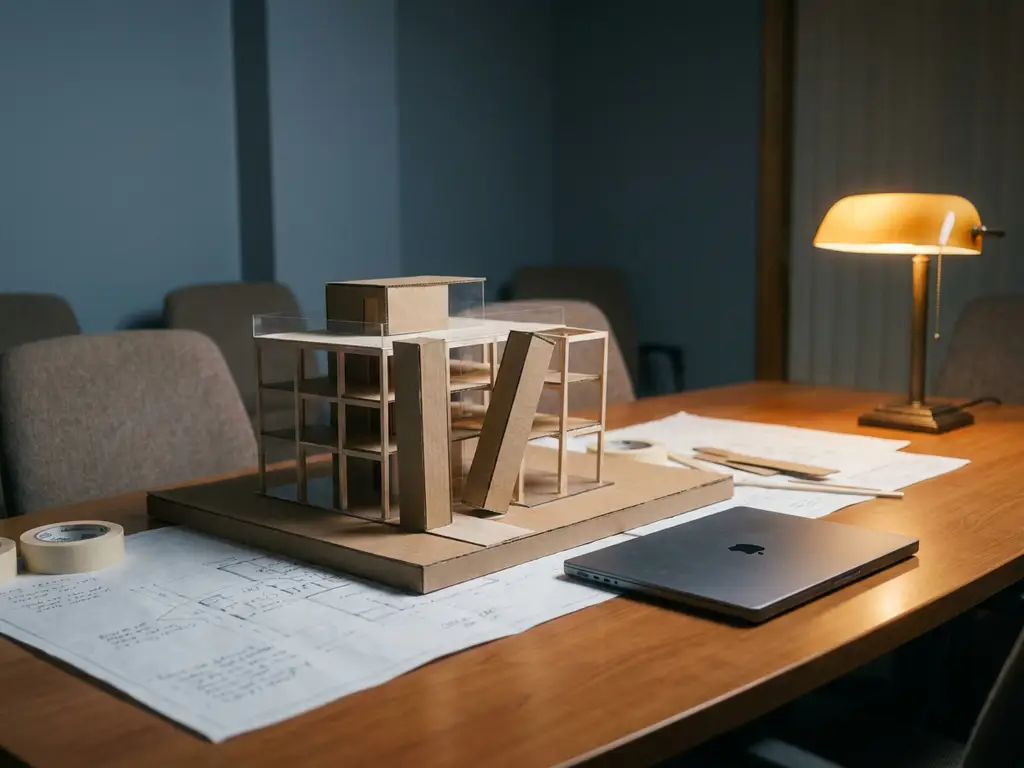 Halfafgebouwd maquette van modern kantoorgebouw op vergadertafel, met scheve kolom, technische documenten en laptop in amberkleurig lamplight.