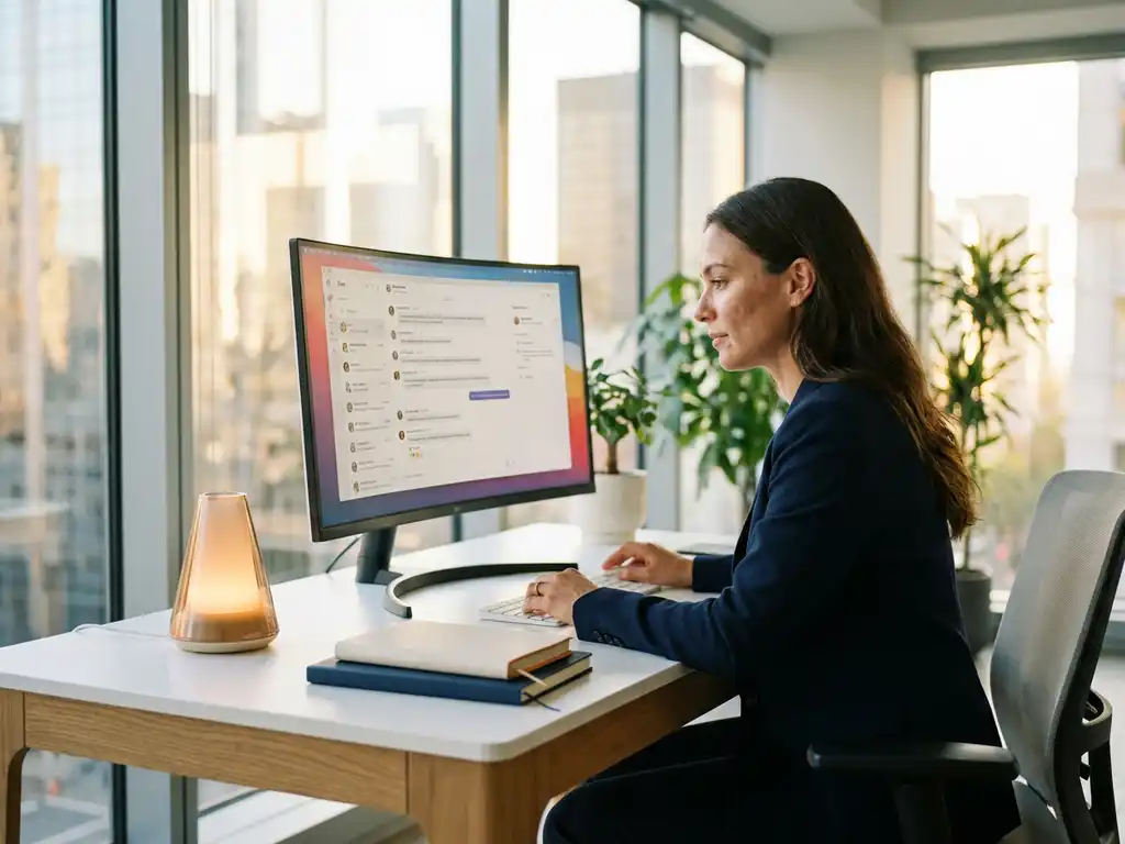 Klantenservicemedewerker aan modern bureau bekijkt gespreksoverzichten op monitor, met gloeiend AI-apparaat en warm kantoorlicht.