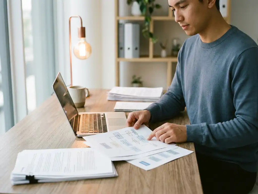 Kleine ondernemer bestudeert werkstroomdiagrammen aan modern houten bureau met laptop en gloeiende bureaulamp.