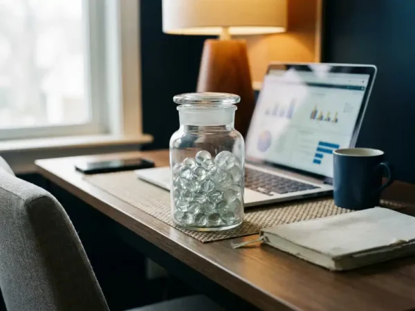 Glazen pot met knikkers op bureau van data-analist, enkele gebarsten exemplaren symboliseren datakwaliteit, laptop met dashboardgrafieken op achtergrond.