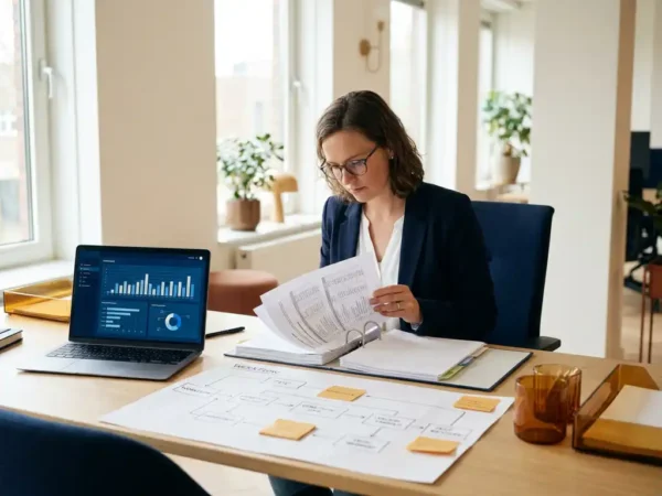 QA-professional bestudeert testresultaten en werkstroomdiagrammen op bureau naast laptop met datarapporten, kantooromgeving.