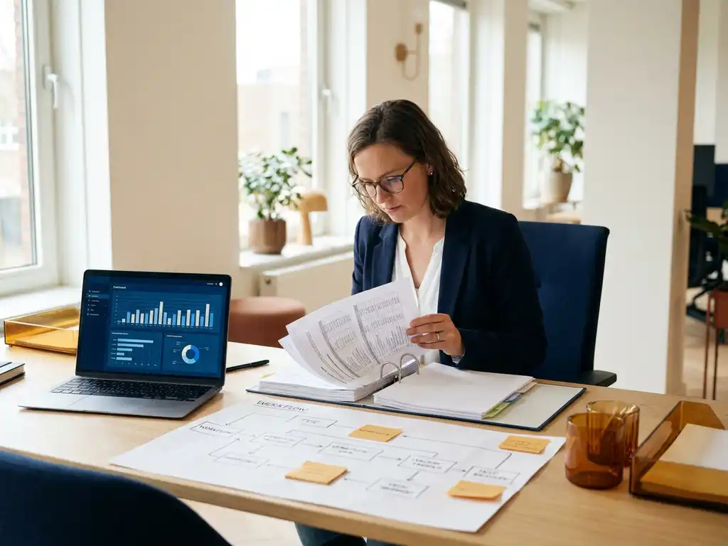 QA-professional bestudeert testresultaten en werkstroomdiagrammen op bureau naast laptop met datarapporten, kantooromgeving.
