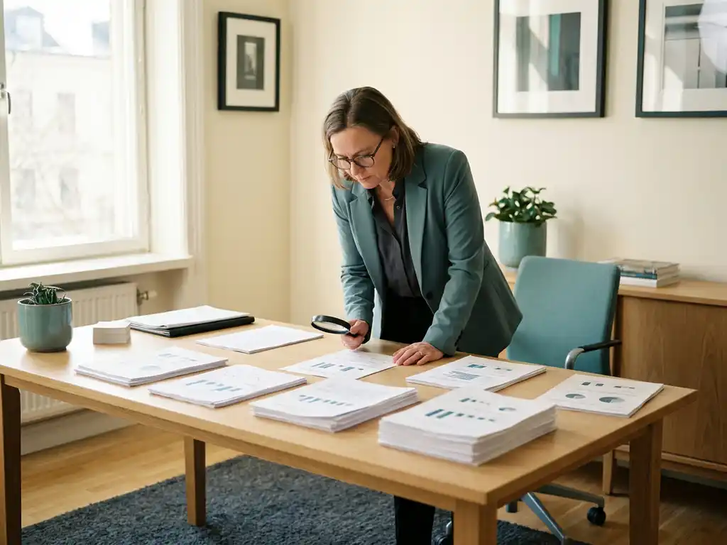 Kwaliteitsmanager in Nederlands kantoor bekijkt AI-beslisrapporten op bureau met vergrootglas, natuurlijk zijlicht, professionele sfeer.