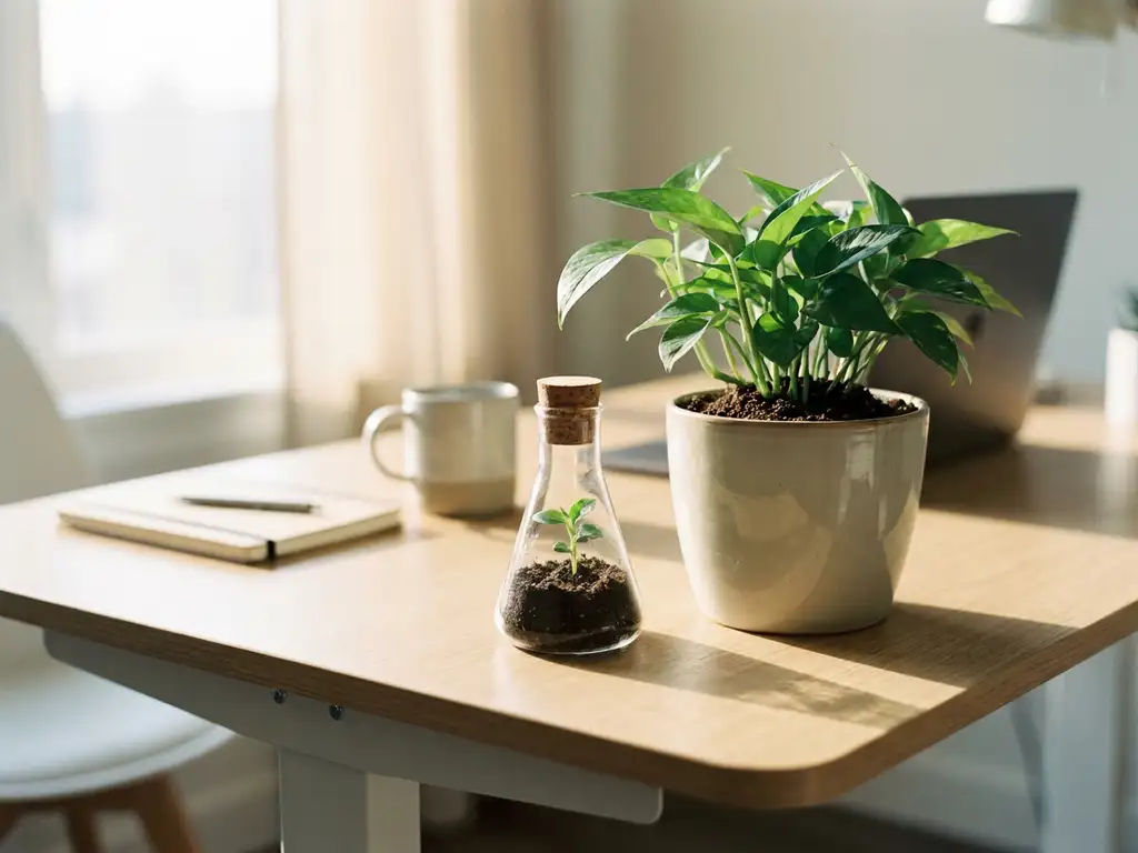Klein zaailing in glazen laboratoriumkolf naast een weelderige kamerplant op modern bureau, warm natuurlijk raamlicht.