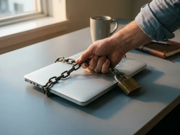 Hand die een stalen ketting met hangslot vasthoudt, bevestigd aan een laptop op een modern bureau, symboliseert cybersecurity en digitale beveiliging.