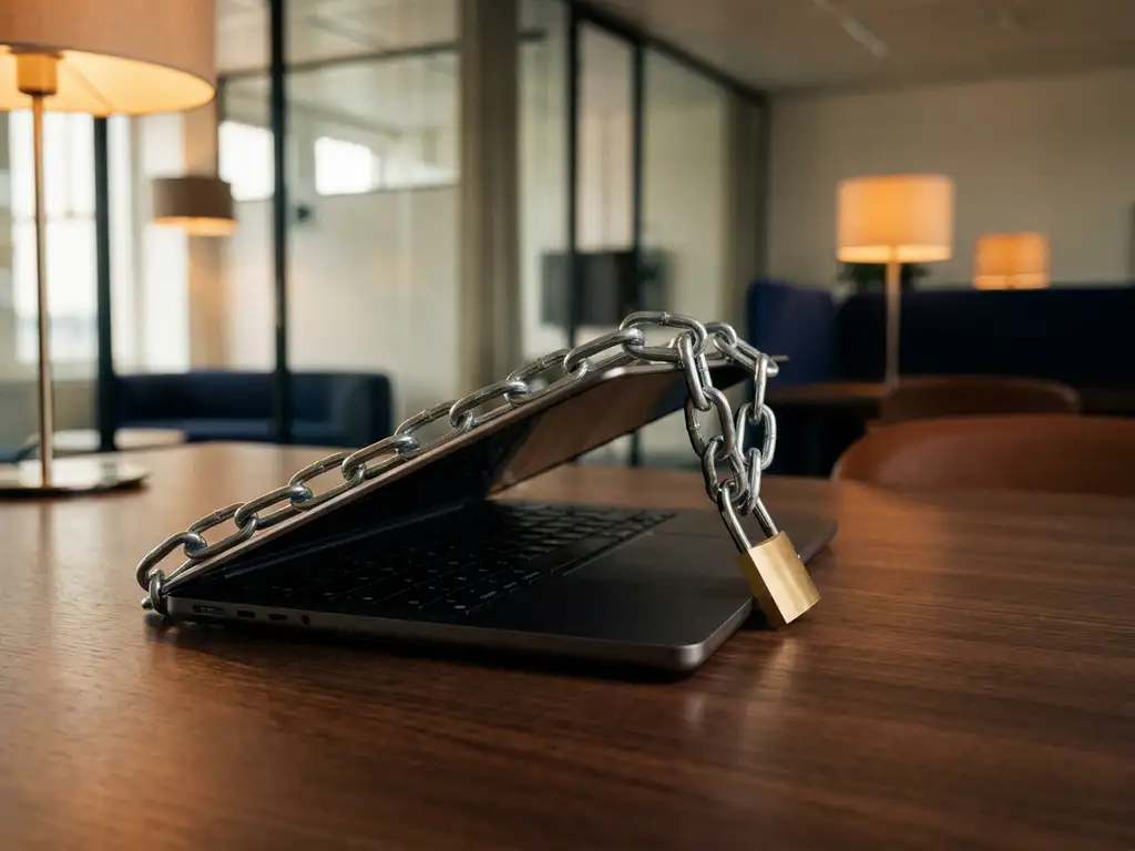 Laptop op kantoorbureau omwikkeld met stalen ketting en open hangslot, symbool voor digitale beveiliging.