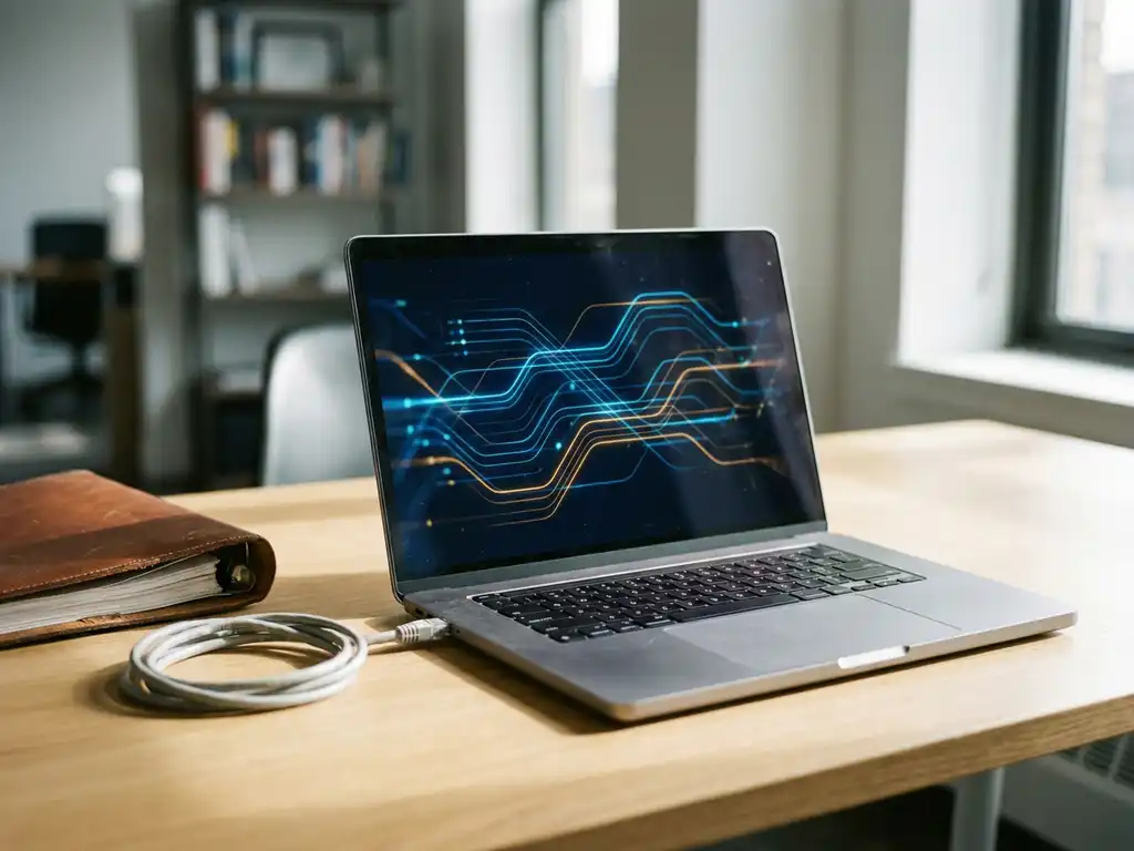 Laptop met data-dashboard op modern bureau naast ringband en ethernetkabel, symbool voor integratie van legacy-systemen en automatisering.