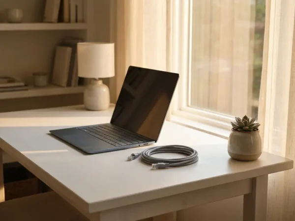 Laptop op modern bureau met een opgerolde ethernetkabel, klein potplantje en warm middaglicht vanuit een raam.
