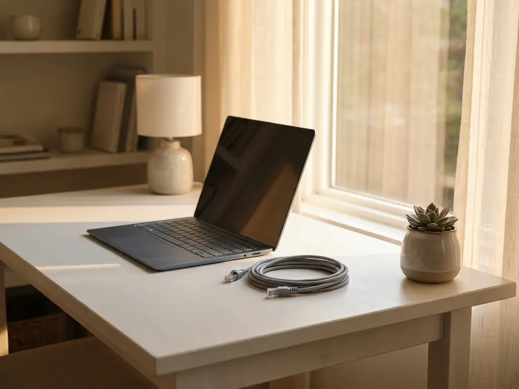 Laptop op modern bureau met een opgerolde ethernetkabel, klein potplantje en warm middaglicht vanuit een raam.