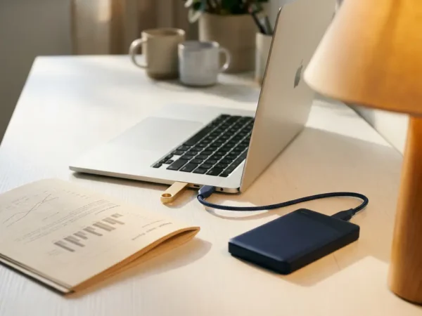 Laptop op wit bureau omringd door fysieke gegevensbronnen: rapport, USB-stick en externe harde schijf, verlicht door amberkleurige bureaulamp.