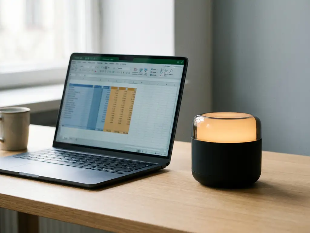 Laptop met spreadsheetprogramma naast een compact AI-apparaat met gloeiende interface op een minimalistisch bureau.