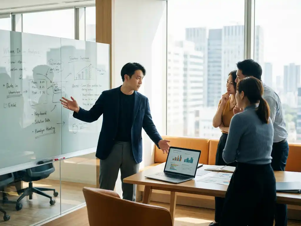 Manager in zakelijk casual kleding bij whiteboard, leidt teamoverleg in modern kantoor met laptop en datadashboards op de voorgrond.