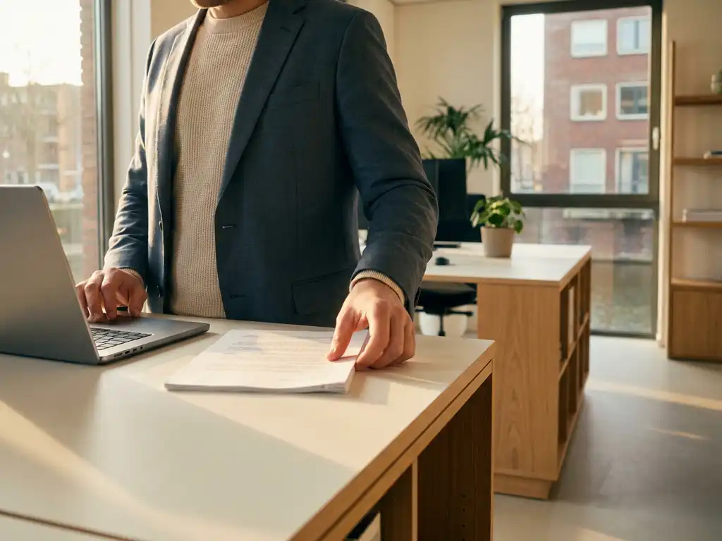 Professional werkt aan laptop en document in modern kantoor met warm ochtendlicht en houten accenten.