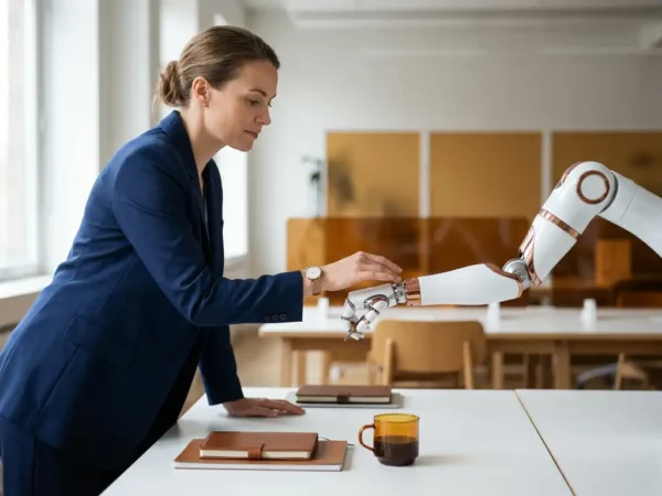 Professional in maatpak houdt toezicht op een gepauzeerde humanoïde robotarm op een modern bureau, hand zwevend boven de pols van de robot.