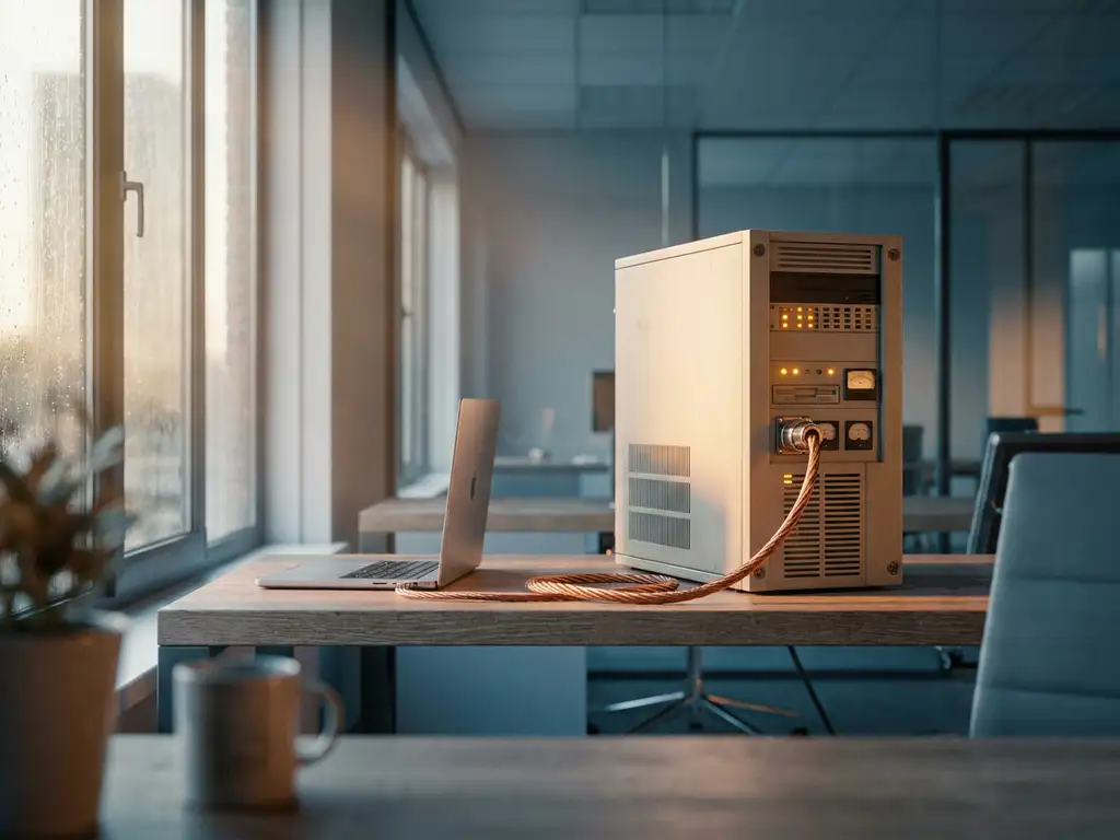 Moderne laptop verbonden via dikke koperen kabel met vintage servertoren op minimalistisch bureau in Nederlands kantoor.