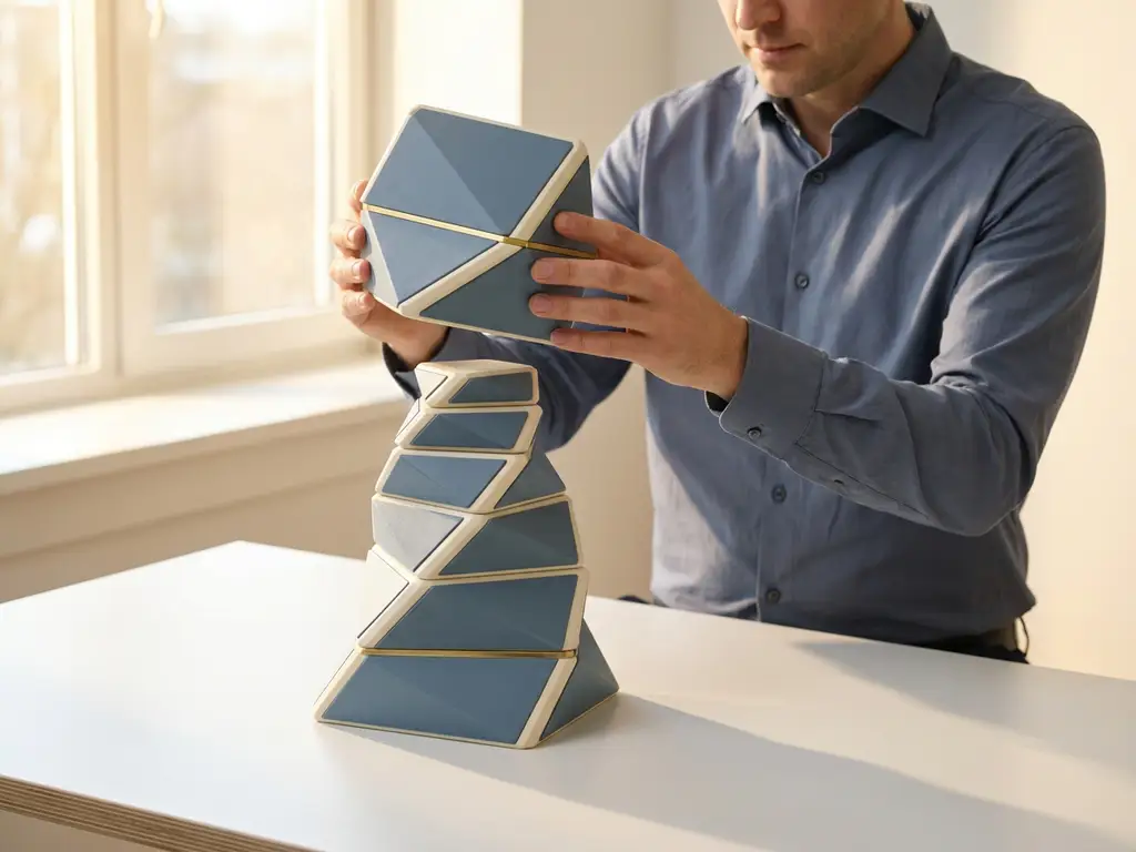 Professional plaatst modulair bouwblok op groeiende geometrische toren op wit bureau, symboliseert schaalbare groei.