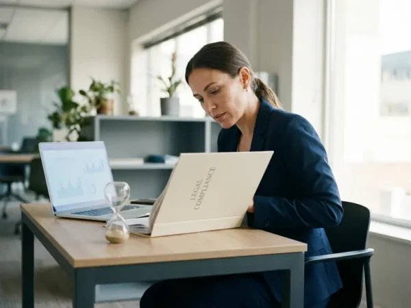 Professional in blazer bestudeert dik compliance-handboek aan modern bureau met laptop en zandloper, zachte daglichtverlichting.