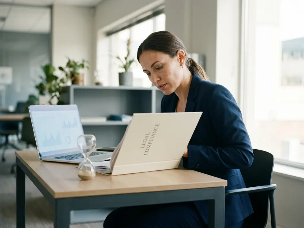 Professional in blazer bestudeert dik compliance-handboek aan modern bureau met laptop en zandloper, zachte daglichtverlichting.