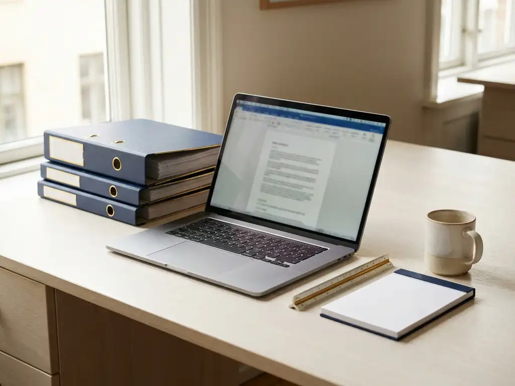 Opgeruimd modern bureau met compliance-documenten, open laptop, liniaal en notitieblok in marineblauw en gebroken wit interieur.