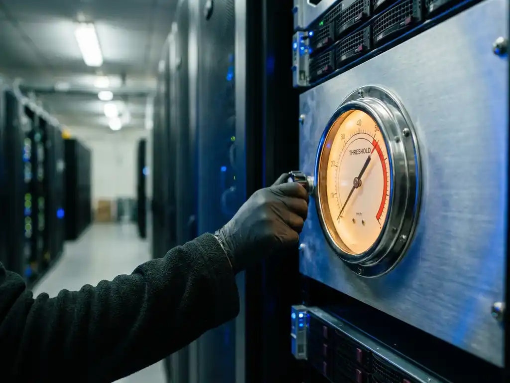 Wetenschappershand die een analoge precisiemeter op een serverrack bijstelt, naald net voorbij de drempelmarkering, onscherpe datacentergang op de achtergrond.