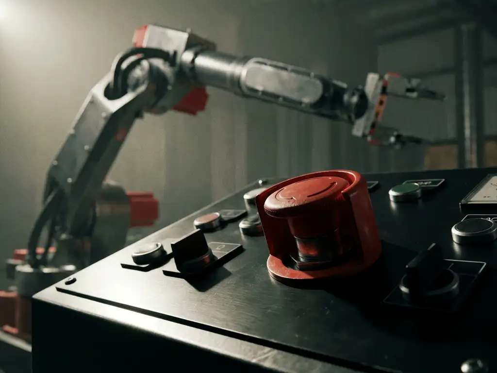 Rode noodstopknop op zwart controlepaneel met bevroren robotarm op de achtergrond in industriële omgeving.