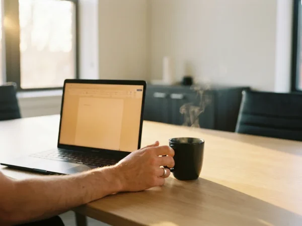 Hand reikt naar dampende koffiekop op modern bureau met open laptop, warm ochtendlicht door kantoorraam.