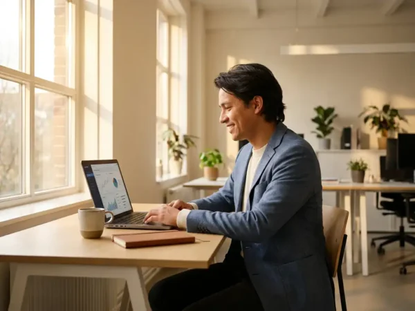 Ondernemer bekijkt AI-gegenereerde inzichten op laptop aan modern bureau, met koffie en notitieblok in licht Nederlands kantoor.