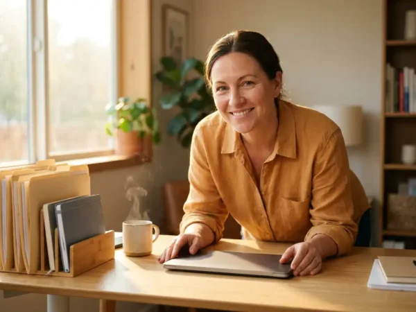 Kleine ondernemer leunt over laptop aan modern bureau met geordende mappen en dampende koffie, warm goudkleurig kantoorlicht.