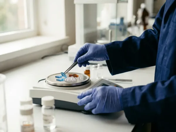 Onderzoeker weegt kleurrijke datachips en glazen kralen op laboratoriumschaal, warm zijlicht, zakelijke omgeving.