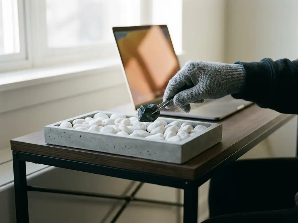 Gehandschoende hand die donkere stenen verwijdert uit een dienblad met witte kiezels op een modern bureau.