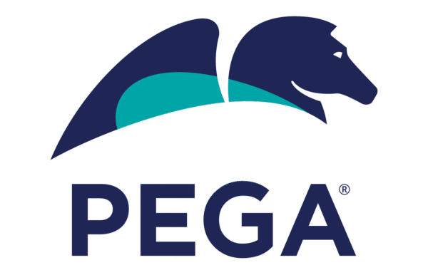 PEGA-logo met een gestileerd donkerblauw paardenhoofd en een turquoise accent boven het woordmerk.
