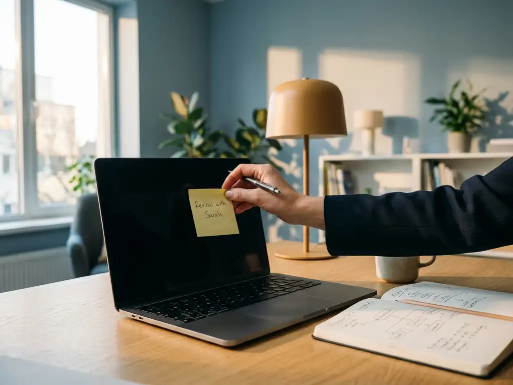 Professional die een handgeschreven sticky note op een laptopscherm plakt in een modern werkruimte met opengeslagen notitieboek en zachte natuurlijke belichting.