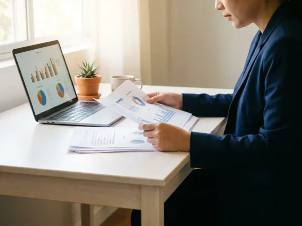 Professional die gedrukte prestatierapporten bestudeert aan modern bureau met laptop met datagrafieken en klein succulent.