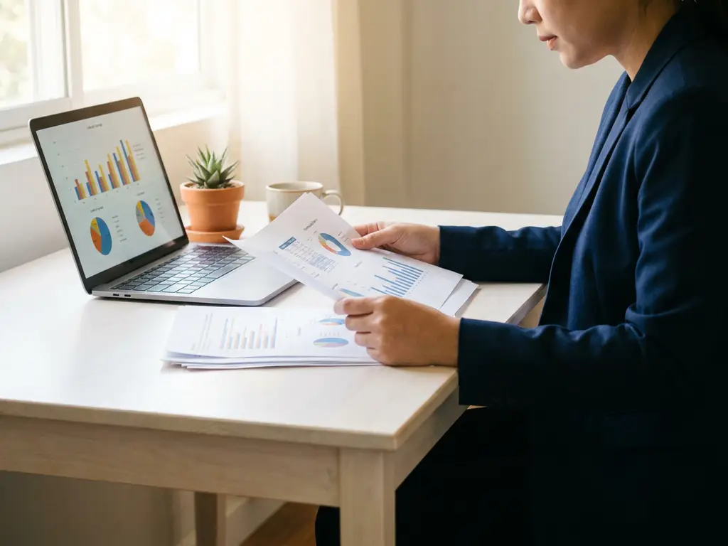 Professional die gedrukte prestatierapporten bestudeert aan modern bureau met laptop met datagrafieken en klein succulent.