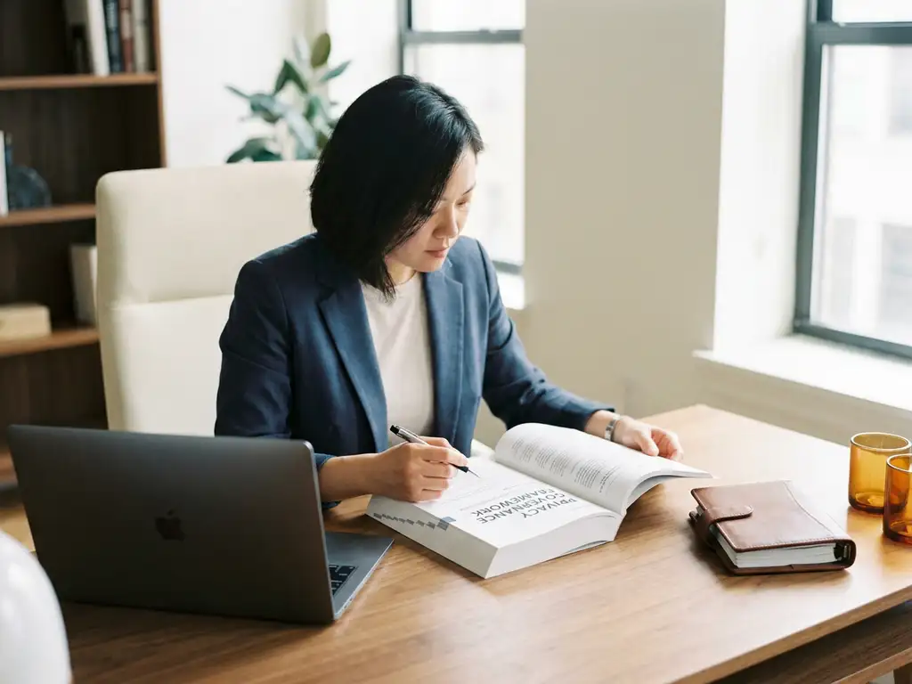 Privacyfunctionaris bestudeert AI-governancedocument aan modern bureau met laptop en juridische map, warm natuurlijk licht.