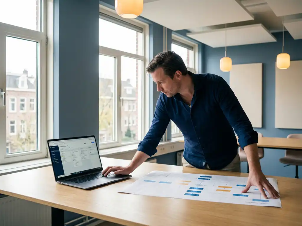 Professional past bureau met laptop met workflowinterface en uitgeprinte processtroomkaart, verlicht door natuurlijk zijlicht.