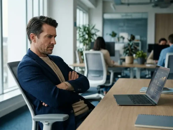 Professional leunt achterover voor laptop met AI-dashboard, armen gekruist, peinzende blik, modern kantoor met natuurlijk zijlicht.