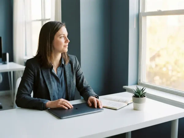 Professional die peinzend uit een groot kantoorvenster staart, handen op gesloten laptop, opgeruimd bureau met notitieboek en plant.