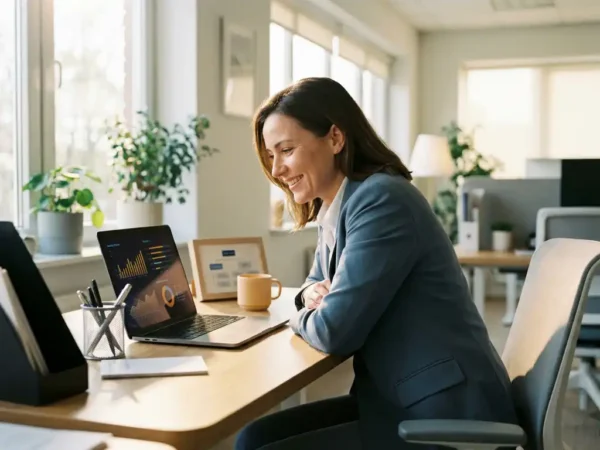 Professional bekijkt glanzende datadashboards op laptop aan modern bureau in open kantoor, warm natuurlijk licht.
