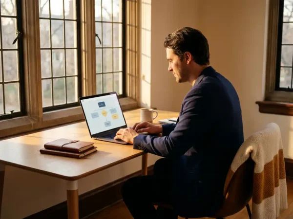 Professional bekijkt gestroomlijnde werkresultaten op laptop aan opgeruimd bureau in warm Nederlands kantoor met middagzon.