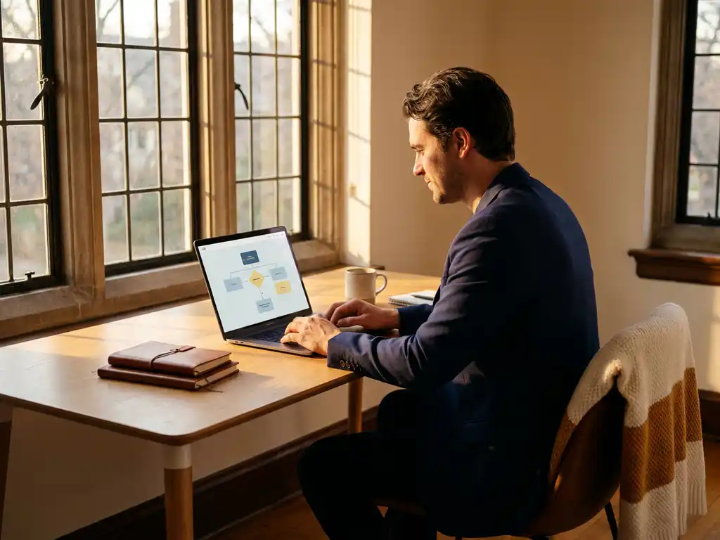 Professional bekijkt gestroomlijnde werkresultaten op laptop aan opgeruimd bureau in warm Nederlands kantoor met middagzon.