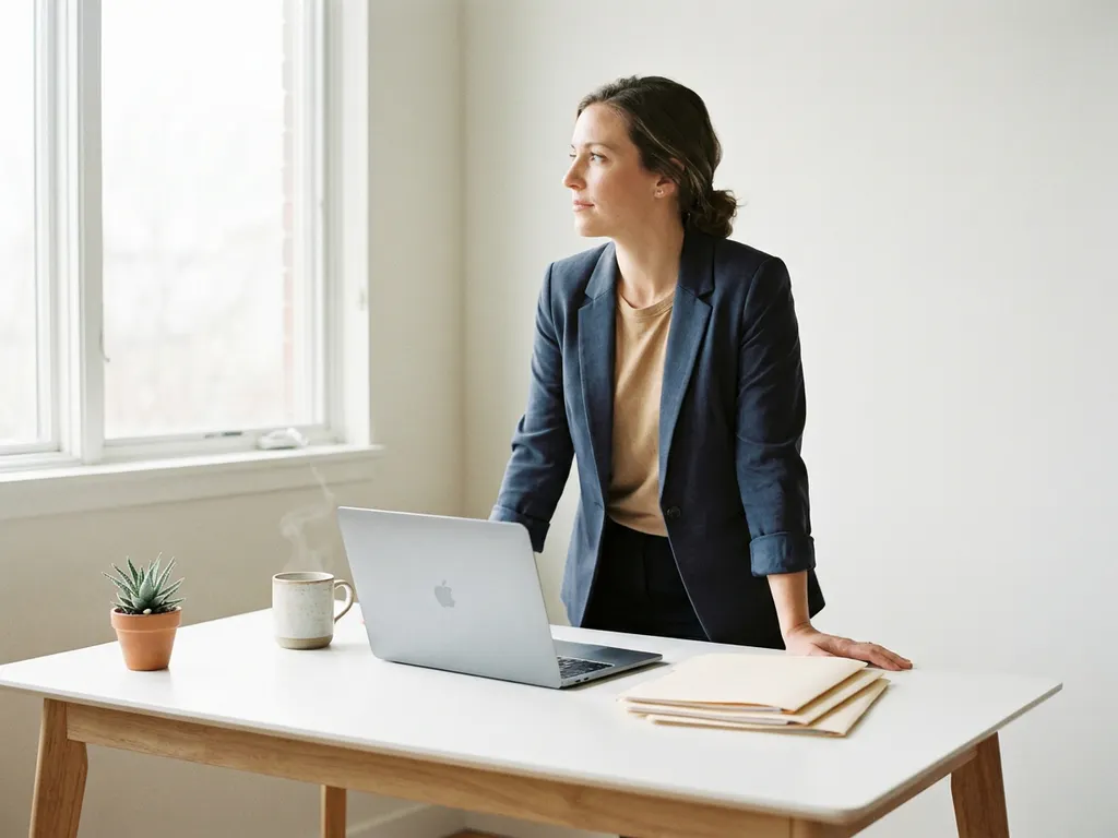 Professional aan opgeruimd modern bureau met laptop, geordende mappen en dampende koffie in zacht natuurlijk licht.