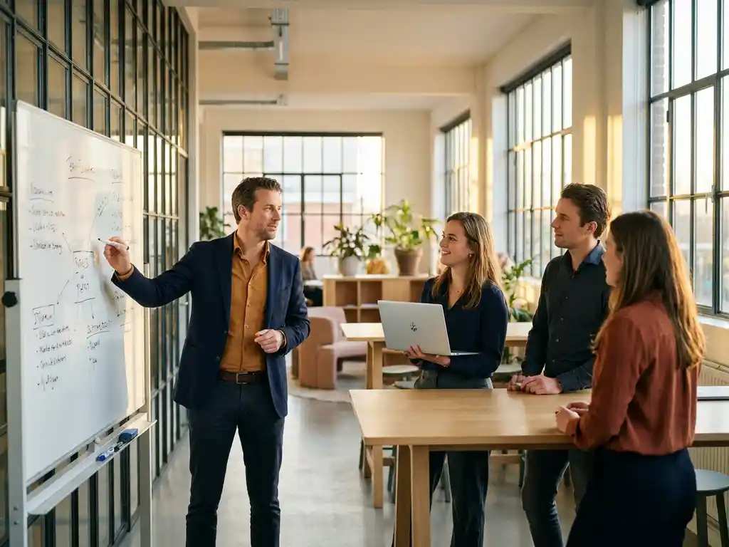 Professional leidt teamoverleg bij whiteboard in modern kantoor met grote ramen en natuurlijk goudkleurig licht.