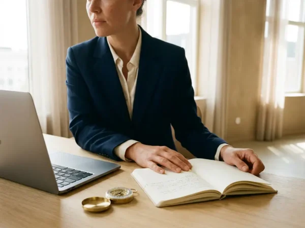 Professional aan modern bureau met open notitieboek, laptop en kompas, warm natuurlijk licht door grote ramen.